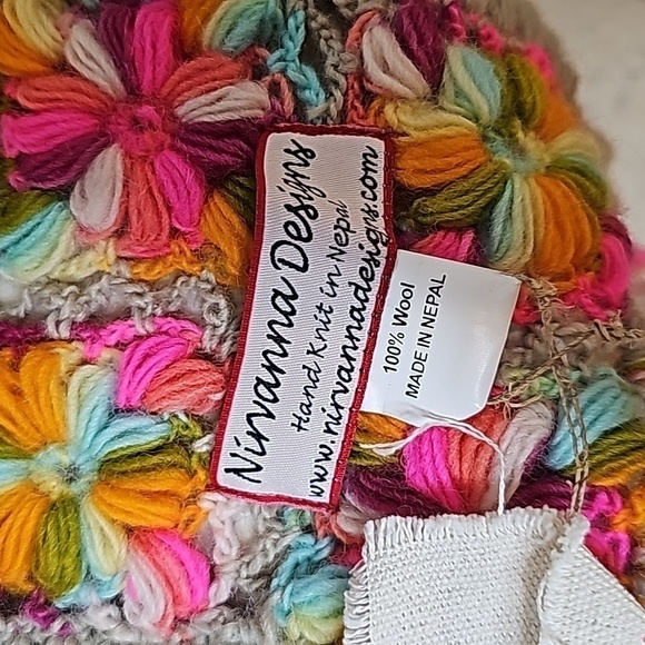 Nirvanna Designs Multicolored Floral Crocheted Wool Tasseled Scarf - OS - Picture 6 of 8